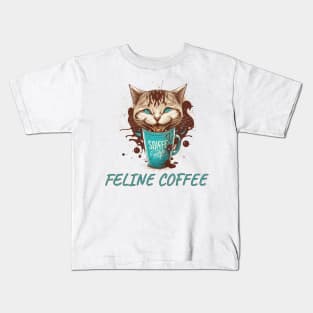 Feline Fueled: Cool Cat Sipping Coffee Kids T-Shirt